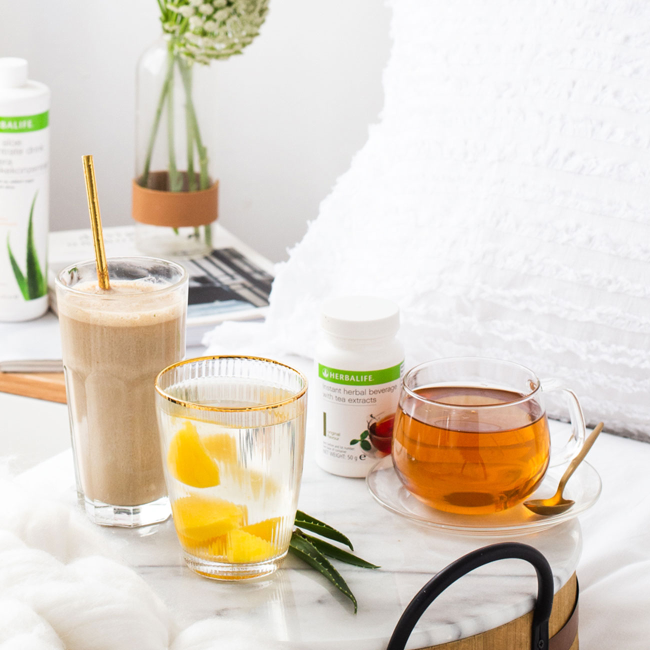 Herbalife Nutrition ideal breakfast Herbal Tea, Formula 1 shake and Aloe Vera drink